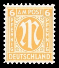 6 Rpf Briefmarke: M-Serie, Alliierte Militärpost, amerikanischer Druck (weit gezähnt) 6 Rpf Briefmarke: M-Serie, Alliierte Militärpost, amerikanischer Druck (weit gezähnt)