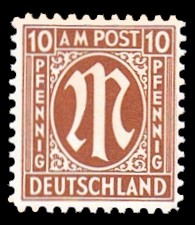 10 Rpf Briefmarke: M-Serie, Alliierte Militärpost, amerikanischer Druck (weit gezähnt) 10 Rpf Briefmarke: M-Serie, Alliierte Militärpost, amerikanischer Druck (weit gezähnt)