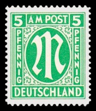 5 Rpf Briefmarke: M-Serie, Alliierte Milit&auml;rpost, englischer Druck (eng gez&auml;hnt)
