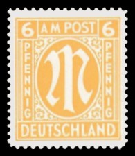 6 Rpf Briefmarke: M-Serie, Alliierte Milit&auml;rpost, englischer Druck (eng gez&auml;hnt)