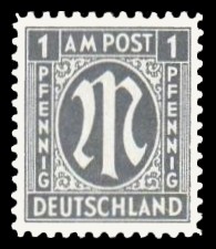 1 Rpf Briefmarke: M-Serie, Alliierte Militärpost, deutscher Druck (weit gezähnt) 1 Rpf Briefmarke: M-Serie, Alliierte Militärpost, deutscher Druck (weit gezähnt)