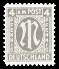4 Rpf Briefmarke: M-Serie, Alliierte Militärpost, deutscher Druck (weit gezähnt) 4 Rpf Briefmarke: M-Serie, Alliierte Militärpost, deutscher Druck (weit gezähnt)