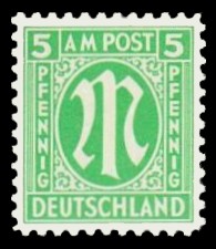 5 Rpf Briefmarke: M-Serie, Alliierte Militärpost, deutscher Druck (weit gezähnt) 5 Rpf Briefmarke: M-Serie, Alliierte Militärpost, deutscher Druck (weit gezähnt)