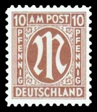 10 Rpf Briefmarke: M-Serie, Alliierte Militärpost, deutscher Druck (weit gezähnt) 10 Rpf Briefmarke: M-Serie, Alliierte Militärpost, deutscher Druck (weit gezähnt)
