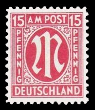 15 Rpf Briefmarke: M-Serie, Alliierte Militärpost, deutscher Druck (weit gezähnt) 15 Rpf Briefmarke: M-Serie, Alliierte Militärpost, deutscher Druck (weit gezähnt)