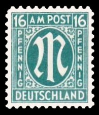 16 Rpf Briefmarke: M-Serie, Alliierte Militärpost, deutscher Druck (weit gezähnt) 16 Rpf Briefmarke: M-Serie, Alliierte Militärpost, deutscher Druck (weit gezähnt)