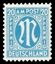 20 Rpf Briefmarke: M-Serie, Alliierte Militärpost, deutscher Druck (weit gezähnt) 20 Rpf Briefmarke: M-Serie, Alliierte Militärpost, deutscher Druck (weit gezähnt)