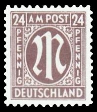 24 Rpf Briefmarke: M-Serie, Alliierte Militärpost, deutscher Druck (weit gezähnt) 24 Rpf Briefmarke: M-Serie, Alliierte Militärpost, deutscher Druck (weit gezähnt)