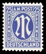 25 Rpf Briefmarke: M-Serie, Alliierte Militärpost, deutscher Druck (weit gezähnt) 25 Rpf Briefmarke: M-Serie, Alliierte Militärpost, deutscher Druck (weit gezähnt)