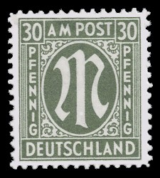 30 Rpf Briefmarke: M-Serie, Alliierte Militärpost, deutscher Druck (weit gezähnt) 30 Rpf Briefmarke: M-Serie, Alliierte Militärpost, deutscher Druck (weit gezähnt)
