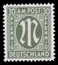 30 Rpf Briefmarke: M-Serie, Alliierte Militärpost, deutscher Druck (weit gezähnt)