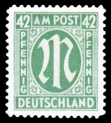42 Rpf Briefmarke: M-Serie, Alliierte Militärpost, deutscher Druck (weit gezähnt) 42 Rpf Briefmarke: M-Serie, Alliierte Militärpost, deutscher Druck (weit gezähnt)