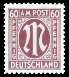 60 Rpf Briefmarke: M-Serie, Alliierte Militärpost, deutscher Druck (weit gezähnt) 60 Rpf Briefmarke: M-Serie, Alliierte Militärpost, deutscher Druck (weit gezähnt)