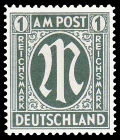 1 RM Briefmarke: M-Serie, Alliierte Militärpost, deutscher Druck (weit gezähnt) 1 RM Briefmarke: M-Serie, Alliierte Militärpost, deutscher Druck (weit gezähnt)