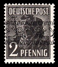 2 Pf Briefmarke: Freimarken II. Kontrollratsausgabe, Pflanzer - mit sw. Bdr.-Aufdruck: Posthörnchen bandförmig 2 Pf Briefmarke: Freimarken II. Kontrollratsausgabe, Pflanzer - mit sw. Bdr.-Aufdruck: Posthörnchen bandförmig