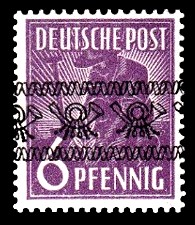 6 Pf Briefmarke: Freimarken II. Kontrollratsausgabe, Pflanzer - mit sw. Bdr.-Aufdruck: Posthörnchen bandförmig 6 Pf Briefmarke: Freimarken II. Kontrollratsausgabe, Pflanzer - mit sw. Bdr.-Aufdruck: Posthörnchen bandförmig