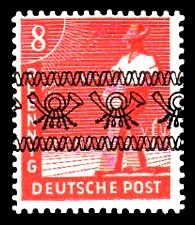8 Pf Briefmarke: Freimarken II. Kontrollratsausgabe, Sämann - mit sw. Bdr.-Aufdruck: Posthörnchen bandförmig 8 Pf Briefmarke: Freimarken II. Kontrollratsausgabe, Sämann - mit sw. Bdr.-Aufdruck: Posthörnchen bandförmig