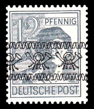 12 Pf Briefmarke: Freimarken II. Kontrollratsausgabe, Arbeiter - mit sw. Bdr.-Aufdruck: Posthörnchen bandförmig