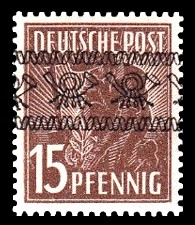 15 Pf Briefmarke: Freimarken II. Kontrollratsausgabe, Pflanzer - mit sw. Bdr.-Aufdruck: Posthörnchen bandförmig