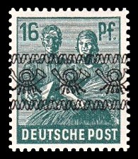 16 Pf Briefmarke: Freimarken II. Kontrollratsausgabe, Maurer und Bäuerin - mit sw. Bdr.-Aufdruck: Posthörnchen bandförmig