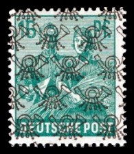 16 Pf Briefmarke: Freimarken II. Kontrollratsausgabe, Maurer und Bäuerin - mit sw. Bdr.-Aufdruck: Posthörnchen netzartig