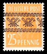 25 Pf Briefmarke: Freimarken II. Kontrollratsausgabe, Pflanzer - mit sw. Bdr.-Aufdruck: Posthörnchen bandförmig 25 Pf Briefmarke: Freimarken II. Kontrollratsausgabe, Pflanzer - mit sw. Bdr.-Aufdruck: Posthörnchen bandförmig