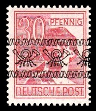 30 Pf Briefmarke: Freimarken II. Kontrollratsausgabe, Arbeiter - mit sw. Bdr.-Aufdruck: Posthörnchen bandförmig