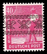 40 Pf Briefmarke: Freimarken II. Kontrollratsausgabe, Sämann - mit sw. Bdr.-Aufdruck: Posthörnchen bandförmig