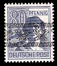 80 Pf Briefmarke: Freimarken II. Kontrollratsausgabe, Arbeiter - mit sw. Bdr.-Aufdruck: Posthörnchen bandförmig