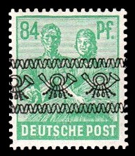 84 Pf Briefmarke: Freimarken II. Kontrollratsausgabe, Maurer und Bäuerin - mit sw. Bdr.-Aufdruck: Posthörnchen bandförmig