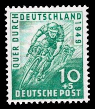 10 + 5 Pf Briefmarke: Radrennen Quer durch Deutschland 1949 10 + 5 Pf Briefmarke: Radrennen Quer durch Deutschland 1949