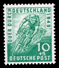 10 + 5 Pf Briefmarke: Radrennen Quer durch Deutschland 1949