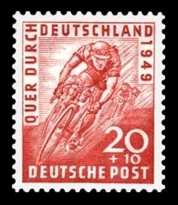 20 + 10 Pf Briefmarke: Radrennen Quer durch Deutschland 1949