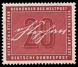 20 Pf Briefmarke: 125. Geburtstag Heinrich von Stephan 20 Pf Briefmarke: 125. Geburtstag Heinrich von Stephan
