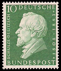 10 Pf Briefmarke: 150. Geburtstag Hermann Schulze-Delitzsch 10 Pf Briefmarke: 150. Geburtstag Hermann Schulze-Delitzsch