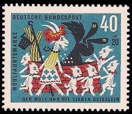 40 + 20 Pf Briefmarke: Wohlfahrtsmarke 1963, Wolf u. sieben Geißlein 40 + 20 Pf Briefmarke: Wohlfahrtsmarke 1963, Wolf u. sieben Geißlein