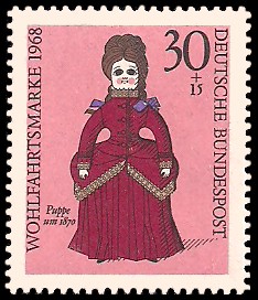 30 + 15 Pf Briefmarke: Wohlfahrtsmarke 1968, Puppen 30 + 15 Pf Briefmarke: Wohlfahrtsmarke 1968, Puppen
