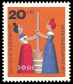 20 + 10 Pf Briefmarke: Wohlfahrtsmarke 1971, Holzspielzeug 20 + 10 Pf Briefmarke: Wohlfahrtsmarke 1971, Holzspielzeug