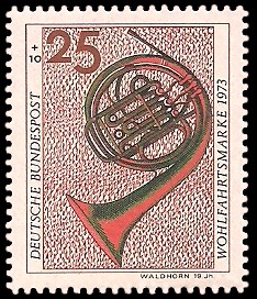 25 + 10 Pf Briefmarke: Wohlfahrtsmarke 1973, Musikinstrumente 25 + 10 Pf Briefmarke: Wohlfahrtsmarke 1973, Musikinstrumente
