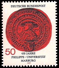 50 Pf Briefmarke: 450 Jahre Philipps-Universität Marburg