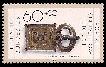 60 + 30 Pf Briefmarke: Wohlfahrtsmarke 1987, Geschmiedetes aus Gold + Silber 60 + 30 Pf Briefmarke: Wohlfahrtsmarke 1987, Geschmiedetes aus Gold + Silber