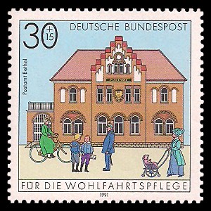 30 + 15 Pf Briefmarke: Wohlfahrtsmarke 1991, alte Postgebäude 30 + 15 Pf Briefmarke: Wohlfahrtsmarke 1991, alte Postgebäude