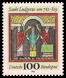 100 Pf Briefmarke: Sankt Ludgerus um 742-809 100 Pf Briefmarke: Sankt Ludgerus um 742-809