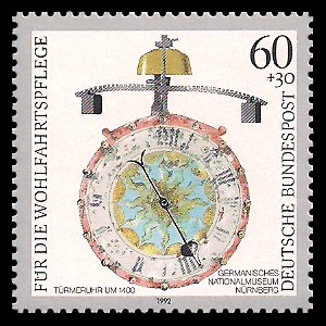 60 + 30 Pf Briefmarke: Wohlfahrtsmarke 1992, alte Uhren