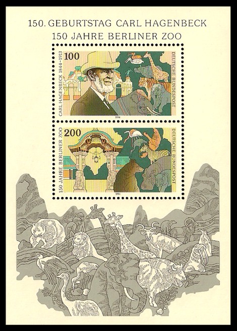 Briefmarke: Blockausgabe: 150. Geburtstag Carl Hagenbeck, 150 Jahre Berliner Zoo Briefmarke: Blockausgabe: 150. Geburtstag Carl Hagenbeck, 150 Jahre Berliner Zoo