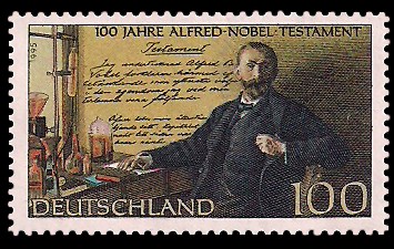 100 Pf Briefmarke: 100 Jahre Alfred-Nobel-Testament 100 Pf Briefmarke: 100 Jahre Alfred-Nobel-Testament