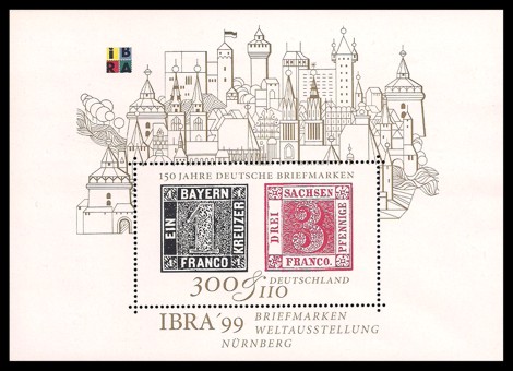  Briefmarke: Blockausgabe: 150 Jahre Deutsche Briefmarken, IBRA ’99