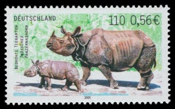 110 Pf / 0,56 € Briefmarke: Bedrohte Tierarten, Indisches Panzernashorn 110 Pf / 0,56 € Briefmarke: Bedrohte Tierarten, Indisches Panzernashorn