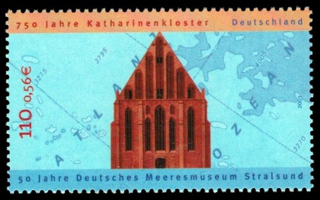 110 Pf / 0,56 € Briefmarke: 750 Jahre Katharinenkloster und 50 Jahre Deutsches Meeresmuseum Stralsund 110 Pf / 0,56 € Briefmarke: 750 Jahre Katharinenkloster und 50 Jahre Deutsches Meeresmuseum Stralsund