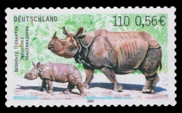 110 Pf / 0,56 € Briefmarke: Bedrohte Tierarten, Indisches Panzernashorn 110 Pf / 0,56 € Briefmarke: Bedrohte Tierarten, Indisches Panzernashorn
